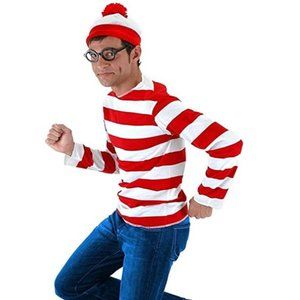 Where's Waldo Red/White Striped Shirt  Men's Halloween Costume Set New/N…